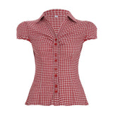 Fongt Style Organ Folds Solid Color POLO Collar Short-Sleeved Shirt To Close Short Buckle Umbilical Top