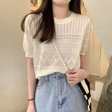 Fongt Version Of Chic Summer Sweet Round Collar Hooded T-Shirt Design Hollow Flowers Thin Knitted Shirt