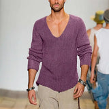Fongt Men's Long Sleeve V-Neck Loose Sweater Fashion Casual Solid Color Knit Jumper Men's Plus