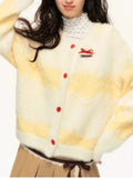 Yellow Stripe Red Buttoned Knitted Cardigan-Outfit