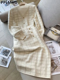 Plaid Sweaters 2 Piece Sets Women Causal Half Turtleneck Knit Pullover Tracksuit Slim High Waist Knitwear Skirts