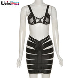 Puss Two Piece Set Women Hollow Out Mesh Band Patchwork Summer Trend Beach Style Top+Skirt Skinny Matching Party