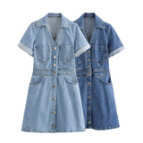 Fongt Denim Skirt 2025 Spring And Summer Roll Sleeves V-Neck Single Buckle High Waist Repair A-Word Mini Dress Woman
