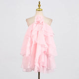 Fongt Wind Hanging Neck Dress Woman 2025 Spring New Fashion Fresh Lotus Leaf Design Sense Solid Color Short Dress