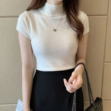 Knitted T-shirts Turnelneck Tees Plain Solid Knitted Short Sleeve Casual O-neck T-Shirts For Women 2020