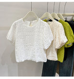 Women Sweet Round Neck Puff Sleeves Blouses Korean Chic Loose Lantern Sleeve