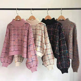 Autumn Winter New Plaid Sweater Women Korean Lazy Wind Short Loose Casual Checkered Sweater Lantern Sleeve Pullovers