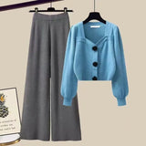 Knit Sets Womens Outfits French Vintage Square Collar Knitted Sweater And Wide Leg Pants Two Pieces Sets Office Lady