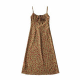 Bohemian Brown Floral Print Backless Sling Dress Summer Holiday Woman Adjust Spaghetti Strap Dresses Beach Holiday