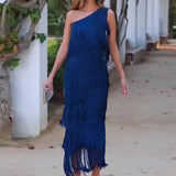 Fongt 2024 New Fashion Solid Color Diagonal Collar Multi-Layer Tassel Splicing Design Dress-Outfit