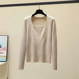 Autumn Long Sleeve Knitted Sweater Pullovers Girls Square Collar Tops Jumpers Women Base Jumper Slim Knitwear-Outfit