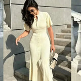 Fongt Women's Clothing Exploding Fashion Simple Solid Color Button Short Sleeves Knitted Dress