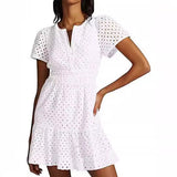 Fongt Women's V-Neck A-Shaped Hollow Lace Folded Short-Sleeved Mini Dress