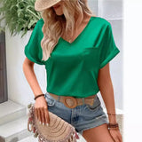 Women's Satin Satin V-Collar Pocket T-Shirt Curling Short-Sleeved Loose Casual Blouse-Outfit