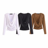 Fongt Autumn New Women's Simple Folded Long-Sleeved Folded T-Shirt