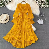 Fongt Fairy Seaside Holiday Chiffon Dress Female Lotus Lace V Collar Temperament Folded Waist Thin Swing Dress