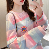 oversized T shirt 2021 autumn Women pink t-shirts korean style rainbow stripe Patchwork embroidery Long Sleeve