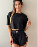 Fongt Women's Spring Summer Fashion Short Collar T-Shirt Blouse Shorts Two Sets Of Women