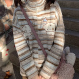 Kawaii Striped Sweaters Mujer Spring Stand Collar Dog Print Cardigans Y2k Grunge Long Sleeve Zipper Knitted Tops-Outfit