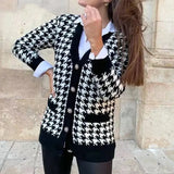 Houndstooth V-neck Knitted Cardigan Women Long Sleeve Female Sweater Coat Fashion Autumn Sweet Ladies Oversized