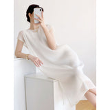 Fongt Folded Summer Women's Light Luxury Simple Folds High-End Net Yarn Two-Sleeve Dress