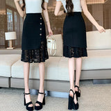 Black Lace Patchwork High Waist Pencil Skirt-Outfit