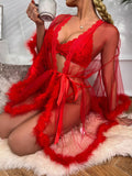 See Through Lace Feather Robe Nightgown For Women Deep-V Cardigan Horn Sleeve Lingerie Night Wear Bathrobes
