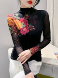 Winter Locating Printed Floral Mesh T-shirt Tee Lady Turtleneck Long Sleeve Double Layered Base T Shirts-Outfit