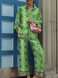 Autumn Vintage Pants Outfits Elegant Turn Down Collar Lady Casual Matching Set 2023 Women Printing Loose Two Pieces