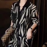 Lady Fashion Diamonds Vintage Printed Shirt Female Single-breasted Spring Autumn Korean Spliced Polo-Neck Midi Blouse New-Outfit