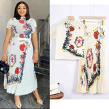 Fongt Fashion Set Women's Summer French High-Grade Folding Print Short-Sleeved Top + Loose A Word 100-Fold Long Skirt