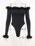 Feather Top Long Sleeve T Shirt Women Off Shoulder Body Spring Fall Outfits Bodycon Solid Streetwear Black