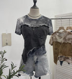 Real Shooting Of The Edge Of The Denim Splicing Tie Dye Mesh Repair Irregular Two Short-Sleeved Top T-Shirt