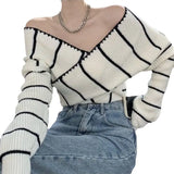 Fongt Girl Cross One Word Shoulder Striped Top Spring New Chic Retro Sexy Off The Shoulder Long Sleeves Show Skinny Knit-Outfit