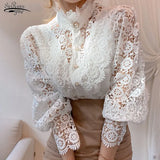 Sleeve Stand Collar Hollow Out Flower Lace Patchwork Shirt Femme Blusas All-match Women Lace Blouse Button White Top