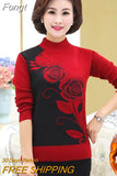 Autumn Winter Middle-aged Women Knit Sweater Print Pullover Turtlenecks Fleece Liner Warm Tops Mother Sweaters Base