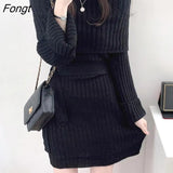 Fashion Autumn and Winter Elegant Straight Neck Open Shoulder Pit Strap Waist Tight Knit Buttock Wrap Dress