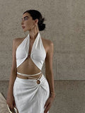 Elegant Fastener Crop Top Cut out Sleeveless Backless V Neck Low Cut Slim Fit Tank Tops Summer Sexy Chic White Tops