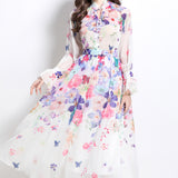 Fongt Senior Sense With Lantern Sleeve Print Chiffon Top Female High Waist Hanging Large Skirt Suit
