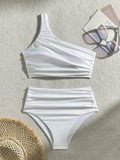 2024 New Solid-Color Draw-Folded High-Waisted One-Shoulder Split Swimsuit