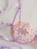Ribbon Tie Up Embroidery Flower Half Cup Lingerie Set-Outfit