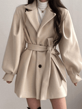 Puff Sleeve Belted Woolen Coat-Outfit
