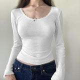 Lace Trim White Ribbed Knit Top-Outfit