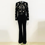 Fongt New Fashion Round Neck Heavy Industry Nail Beads Short Jacket Open Fork Trousers Set
