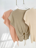 Fongt Temperament Super Gentle Wind Knit Short Sleeve Jacket Female Solid Color Back Hollow Out Rope Tie Knit Short Sleeve T-Shirt-Outfit