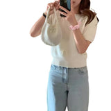 Style Three-Dimensional Bow-Tie Short-Sleeved Sweater Women's 2024 Spring New Sweet Jacket Short-Style Knitted Blouse-Outfit