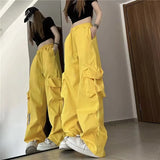 Fongt Speed Dry Cargo Pants Female Stereo Pocket High Waist Straight Tube Wide Leg Ribbon Loose Casual Floor