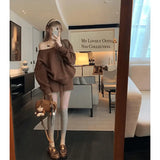 Fongt Blue Oblique Shoulder Design Long-Sleeved Shawl Dress Women Autumn Lazy Wind Top A Word Half-Body Dress Two-Piece