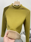 Half Turtleneck Tops Women Winter Plush Velvet Lined Warm T Shirt Long Sleeve Bottom Blusas Korean Slim Fleece