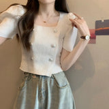 Temperament Button T-Shirt Girl Summer New Korean Hoodie Thin Square Collar Fashion Wear Short-Sleeved